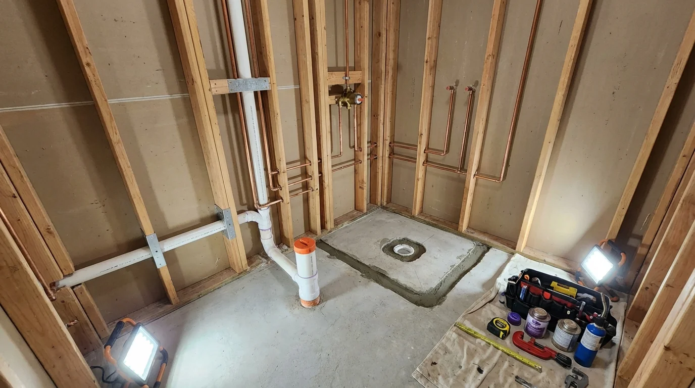Bathroom rough-in plumbing during remodel by Johns Plumbing LLC in New Sharon