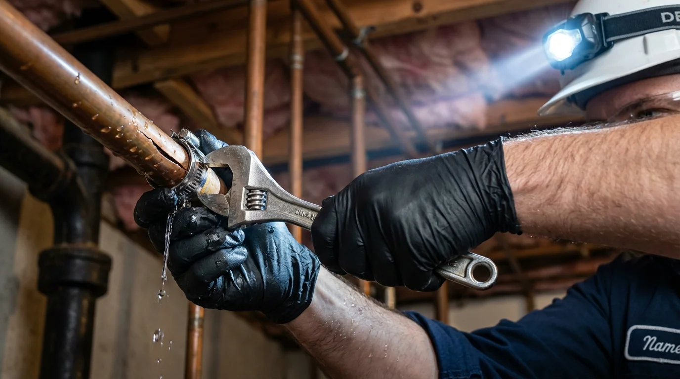 Emergency pipe clamp repair being performed by a Johns Plumbing LLC plumber in New Sharon