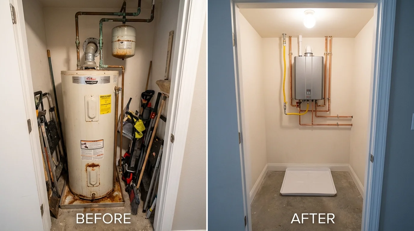 Tank water heater versus wall-mounted tankless unit comparison for New Sharon, IA homeowners