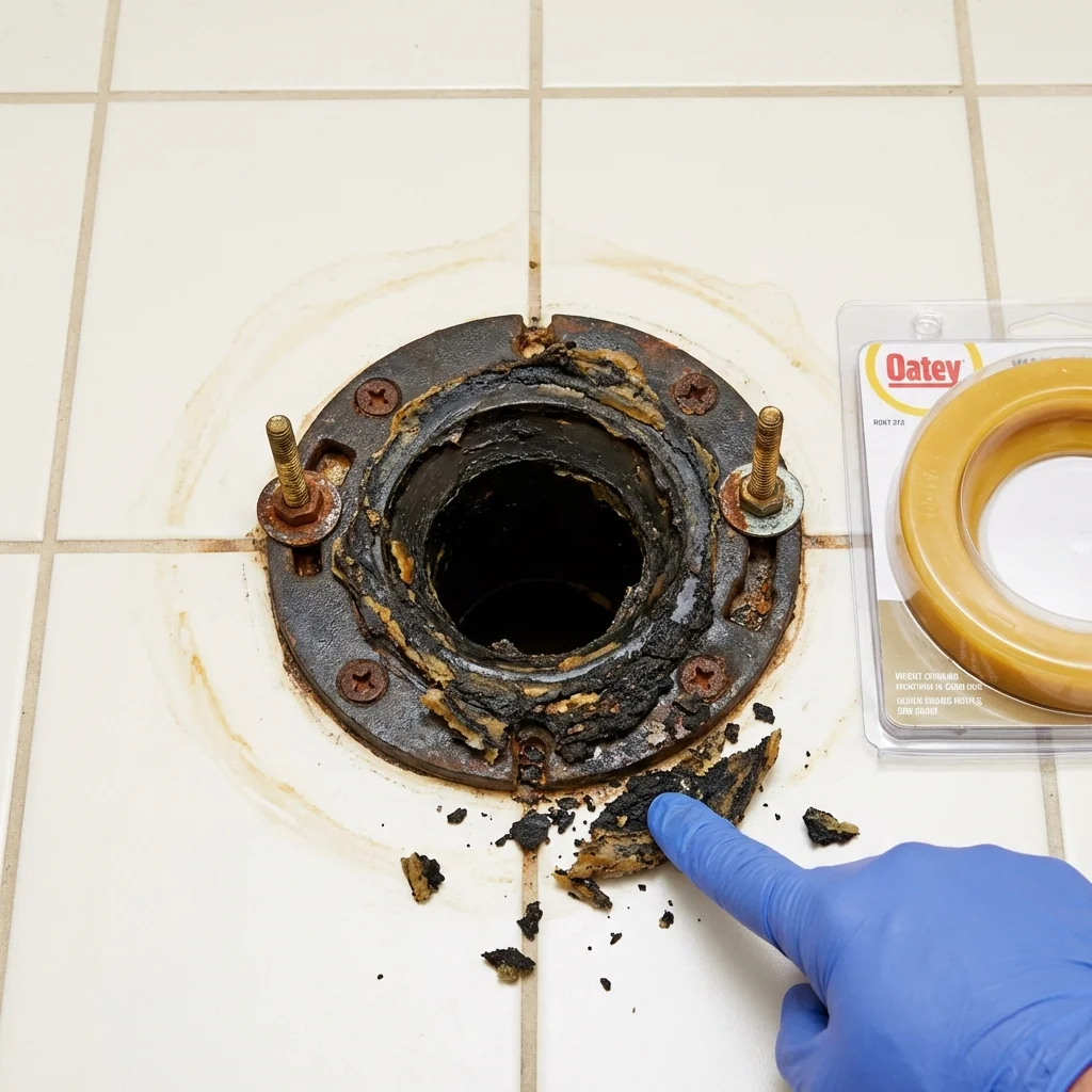 Failed wax ring showing water seepage at the base of a toilet in a New Sharon, IA home