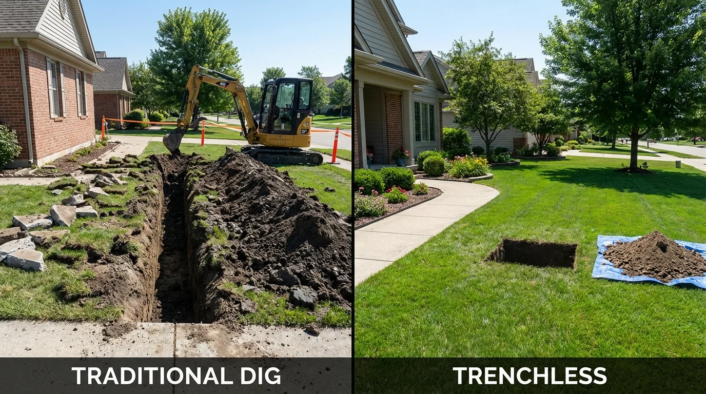 Trenchless sewer repair with minimal yard damage versus traditional excavation in New Sharon, IA