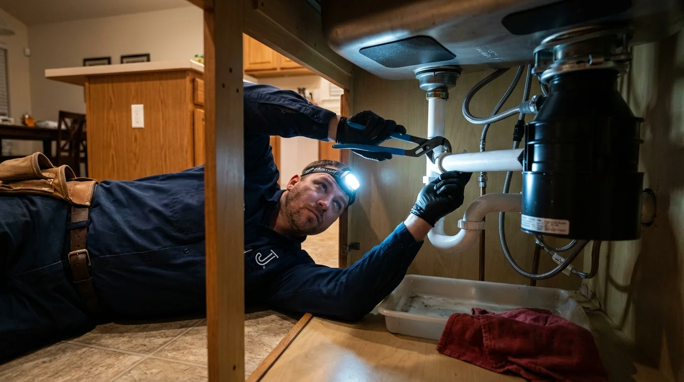 P-trap and supply line connections under a kitchen sink showing a common leak point in New Sharon, IA